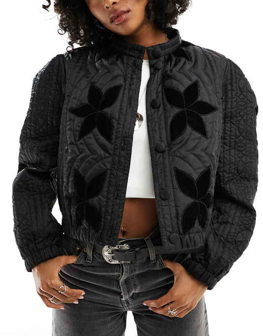 Free People quilted velvet inlay jacket in black