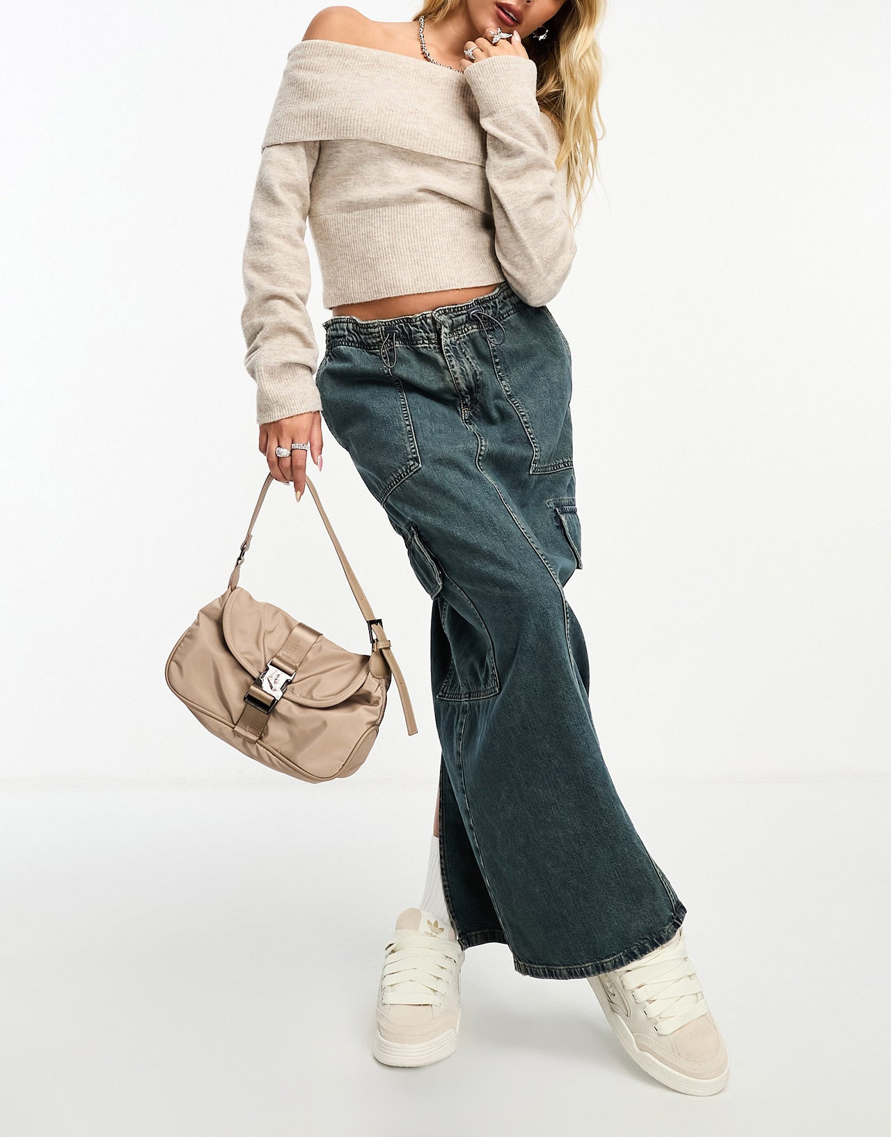 Weekday Lolo off shoulder knitted jumper in beige melange