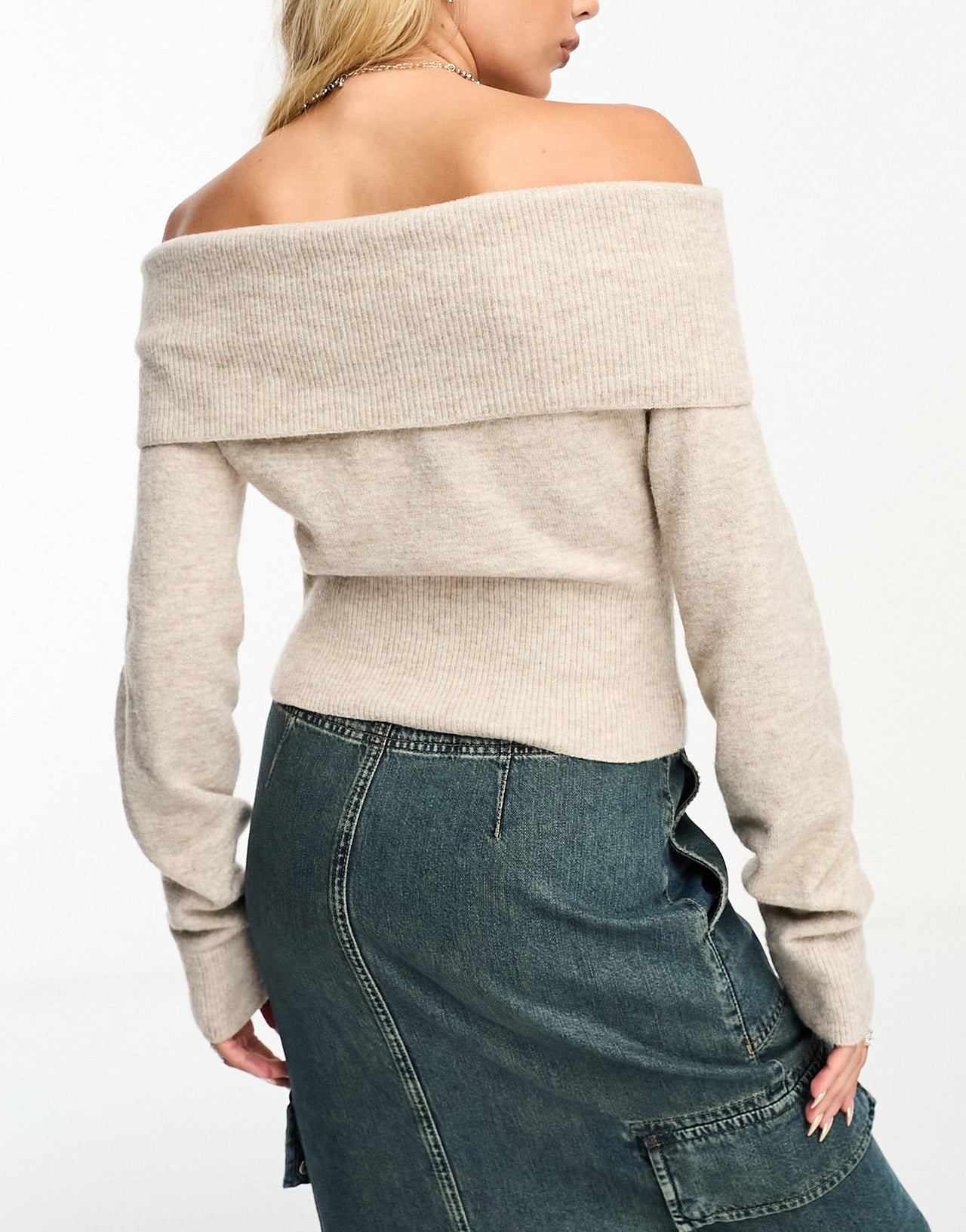 Weekday Lolo off shoulder knitted jumper in beige melange