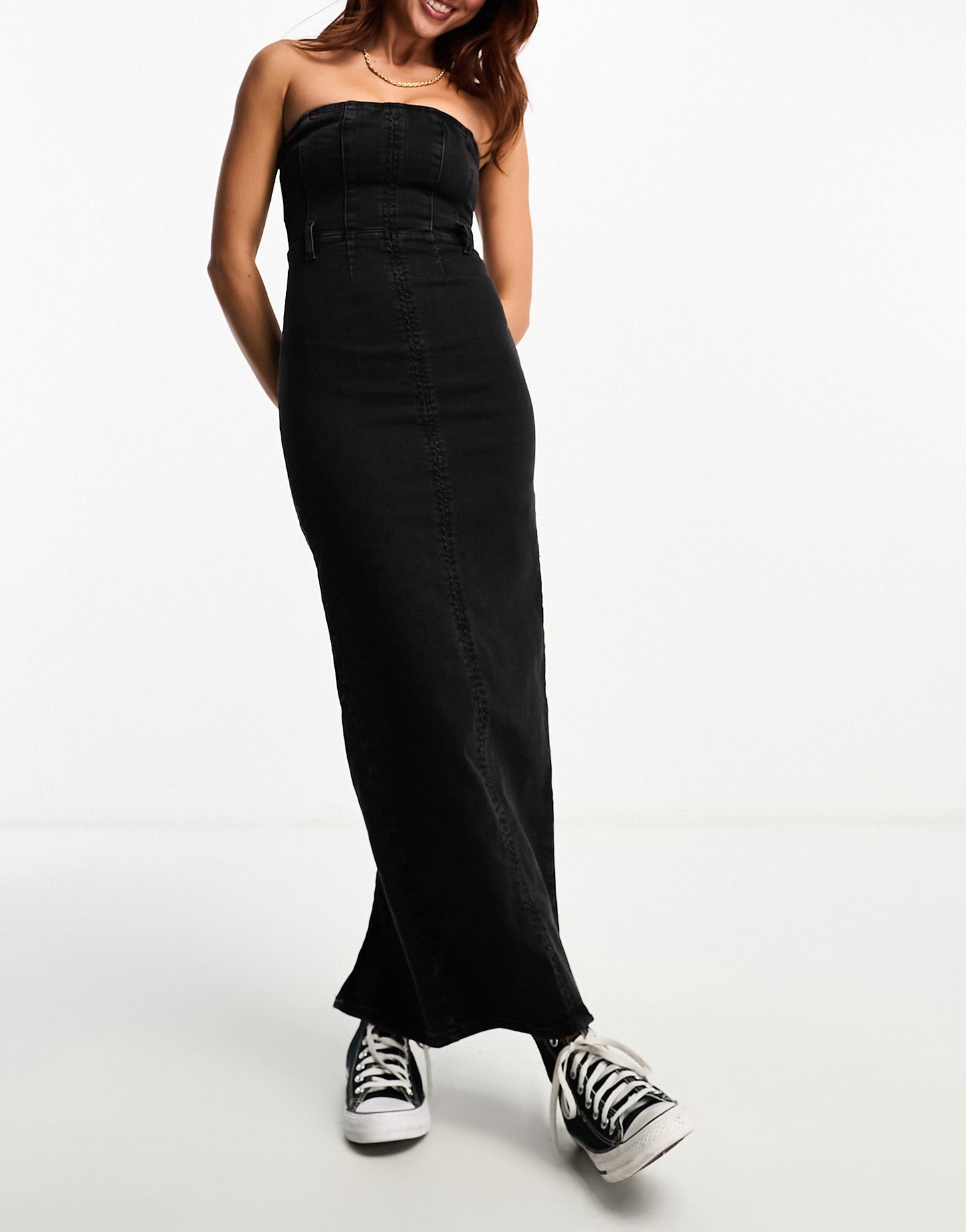 Pull&Bear bandeau denim maxi dress with split detail in black