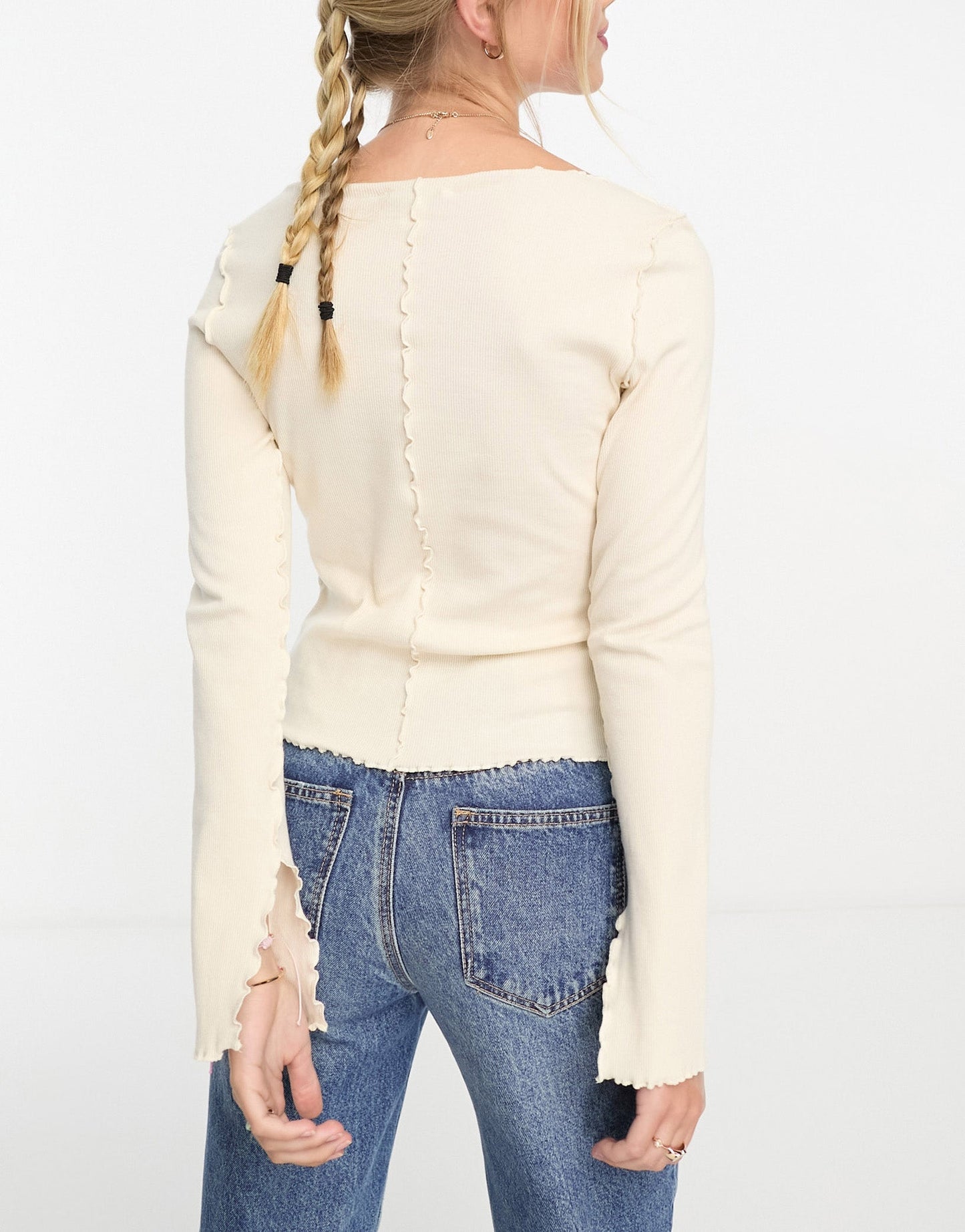 Monki overlock seam detail ribbed jersey top in light beige