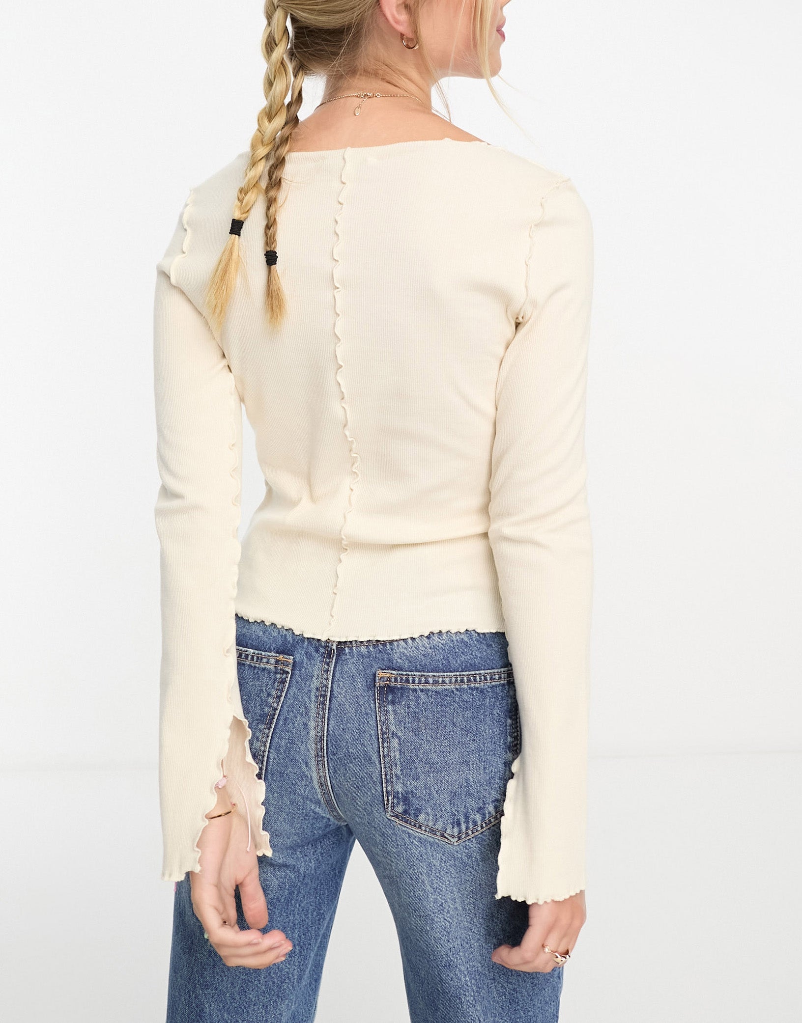 Monki overlock seam detail ribbed jersey top in light beige