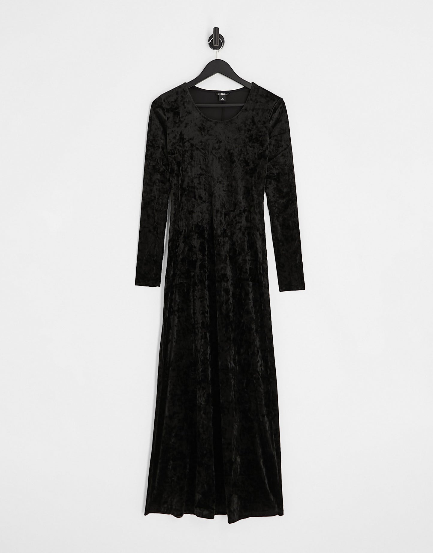 Monki crushed velvet long sleeve maxi dress in black