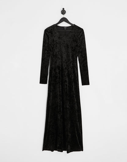 Monki crushed velvet long sleeve maxi dress in black