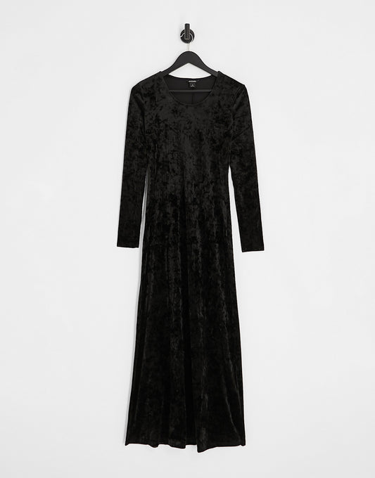 Monki crushed velvet long sleeve maxi dress in black