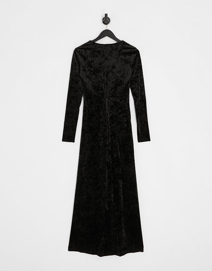 Monki crushed velvet long sleeve maxi dress in black