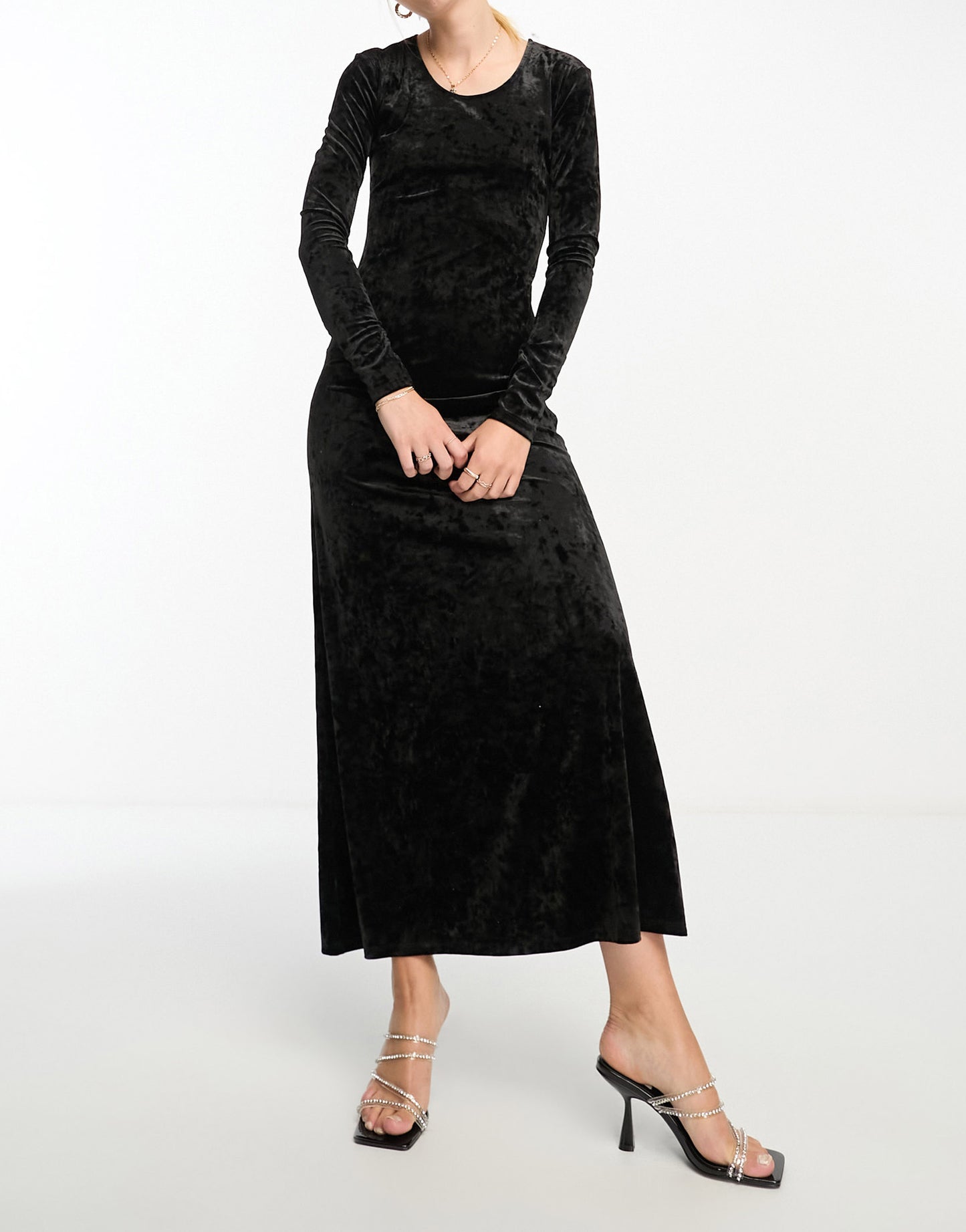 Monki crushed velvet long sleeve maxi dress in black