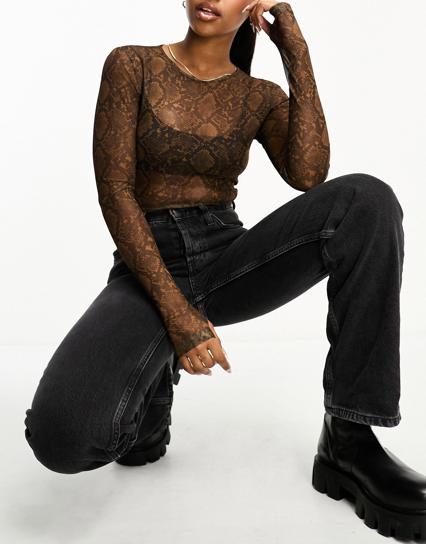 Monki long sleeve mesh top in brown animal print ASOS Sample Sale