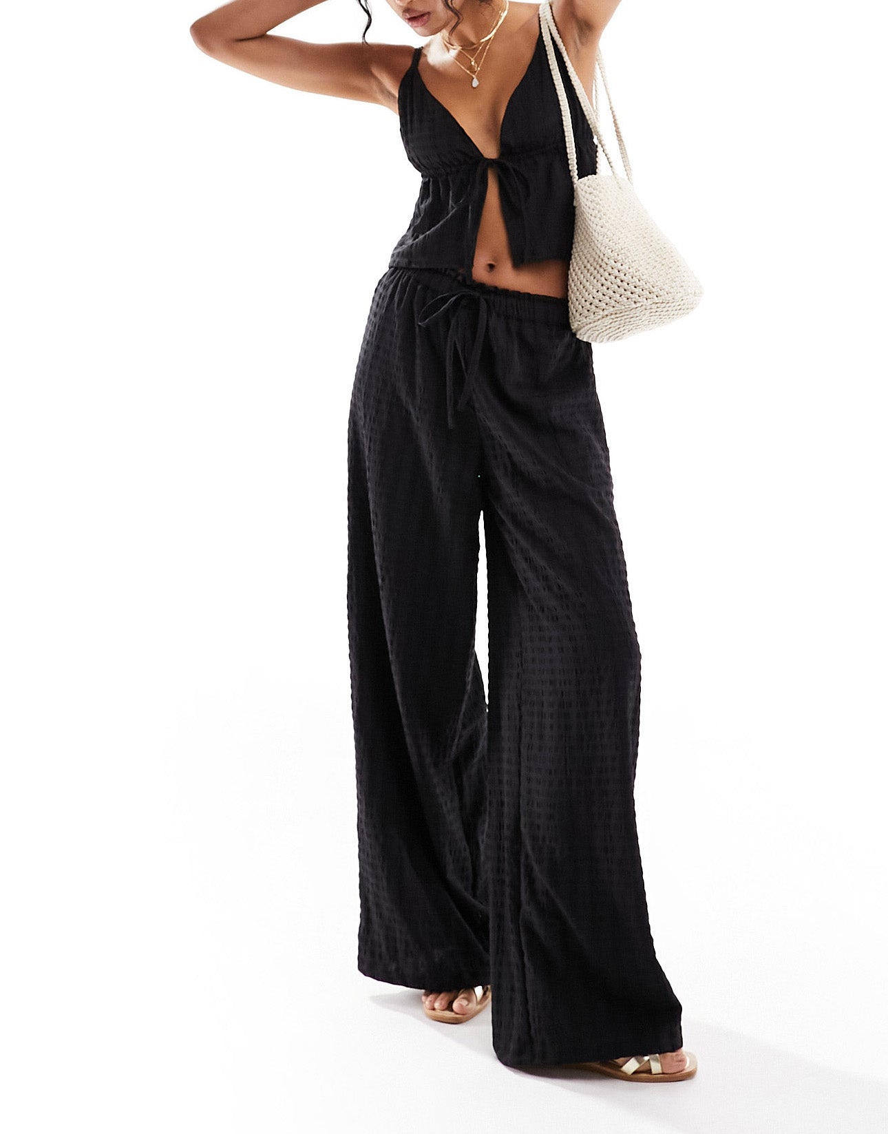 Esmee Exclusive beach textured wide leg trouser co-ord in black