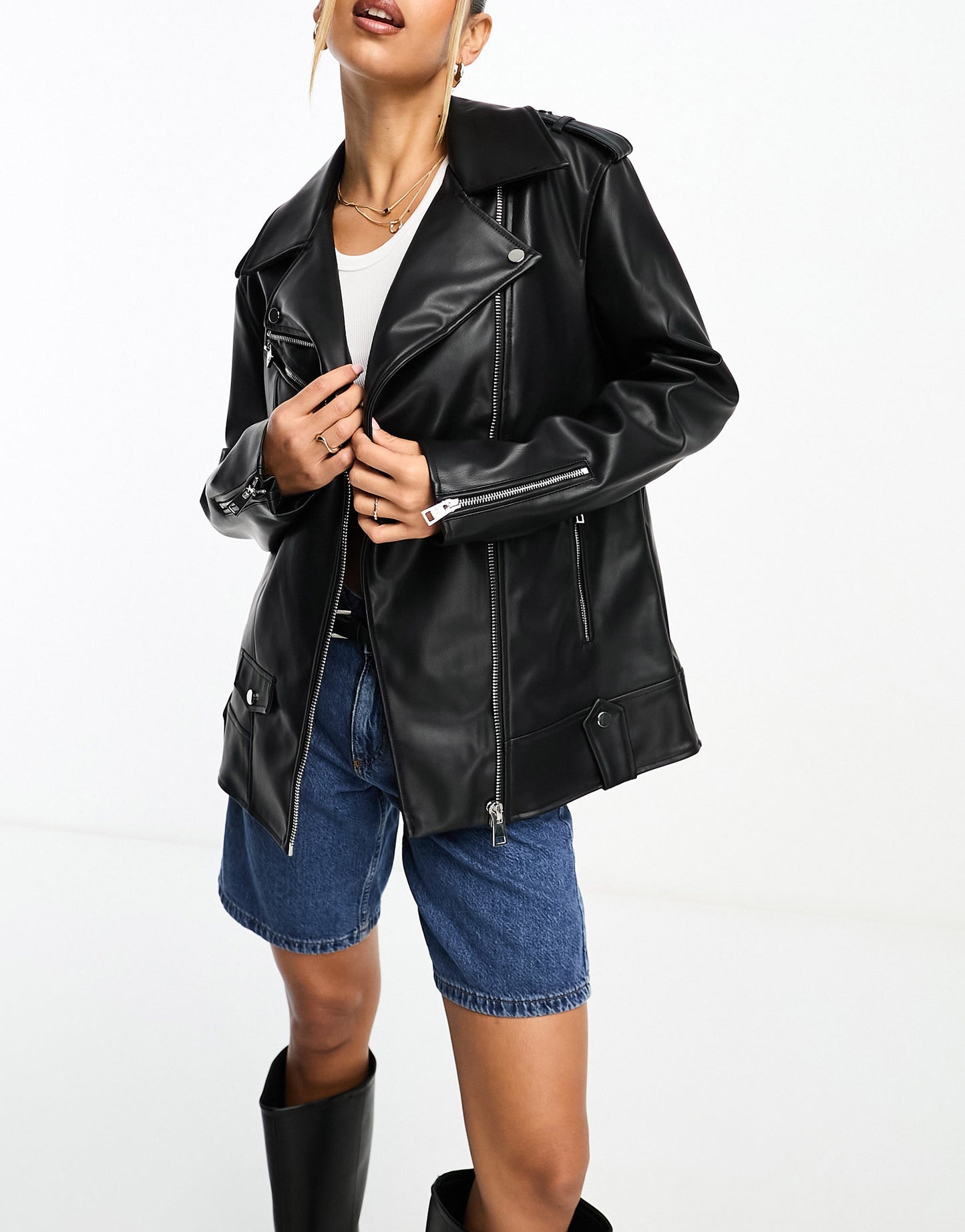 River Island oversized PU biker jacket in black