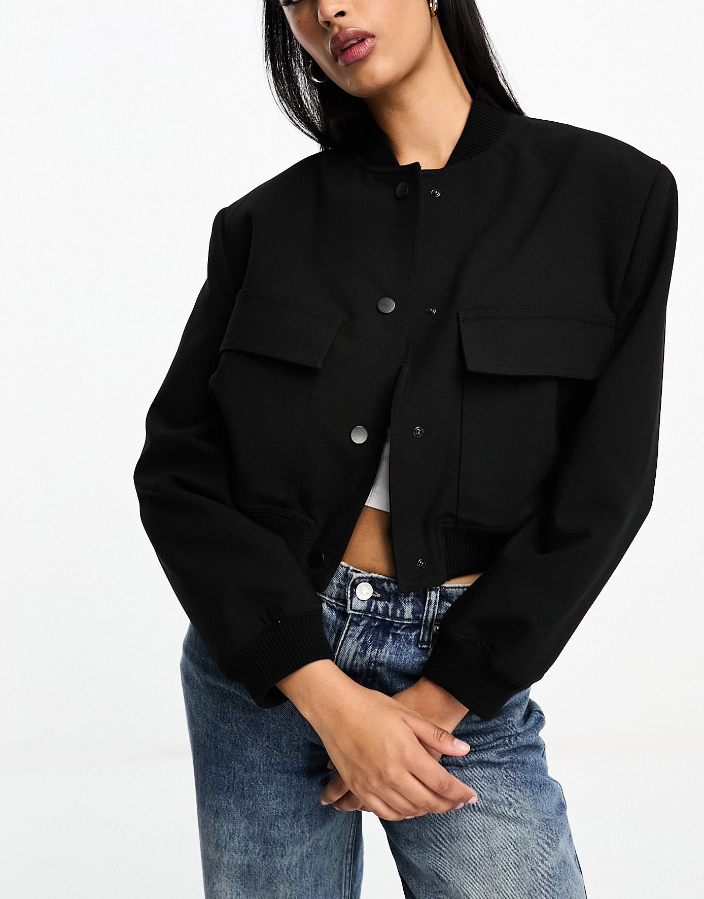 Stradivarius wool blend bomber jacket in black