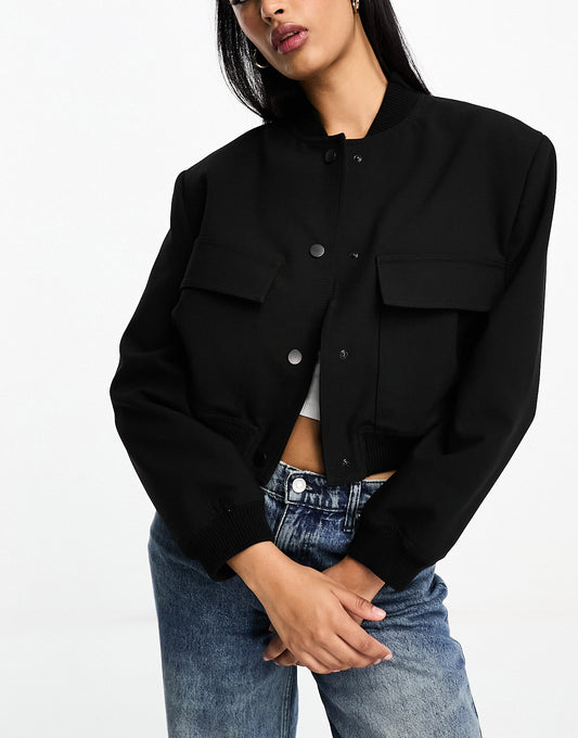 Stradivarius wool blend bomber jacket in black
