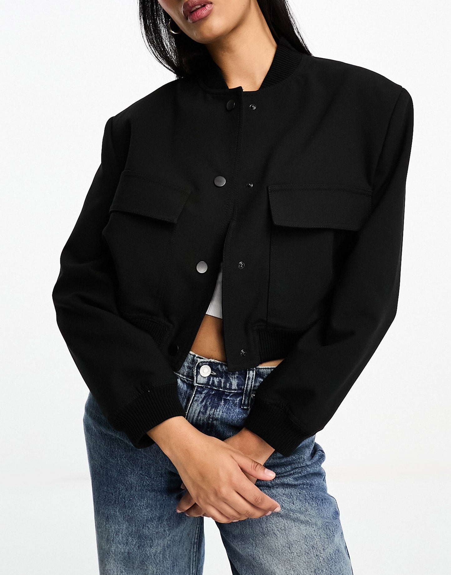 Stradivarius wool blend bomber jacket in black