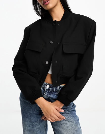Stradivarius wool blend bomber jacket in black