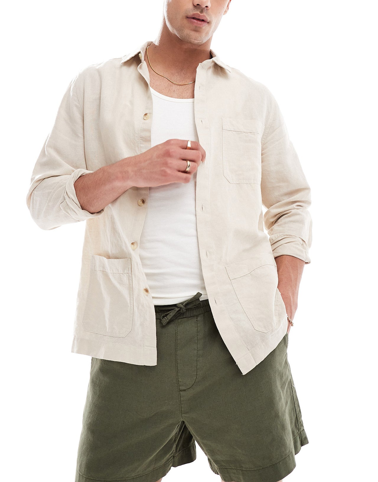 ASOS DESIGN linen blend overshirt in stone