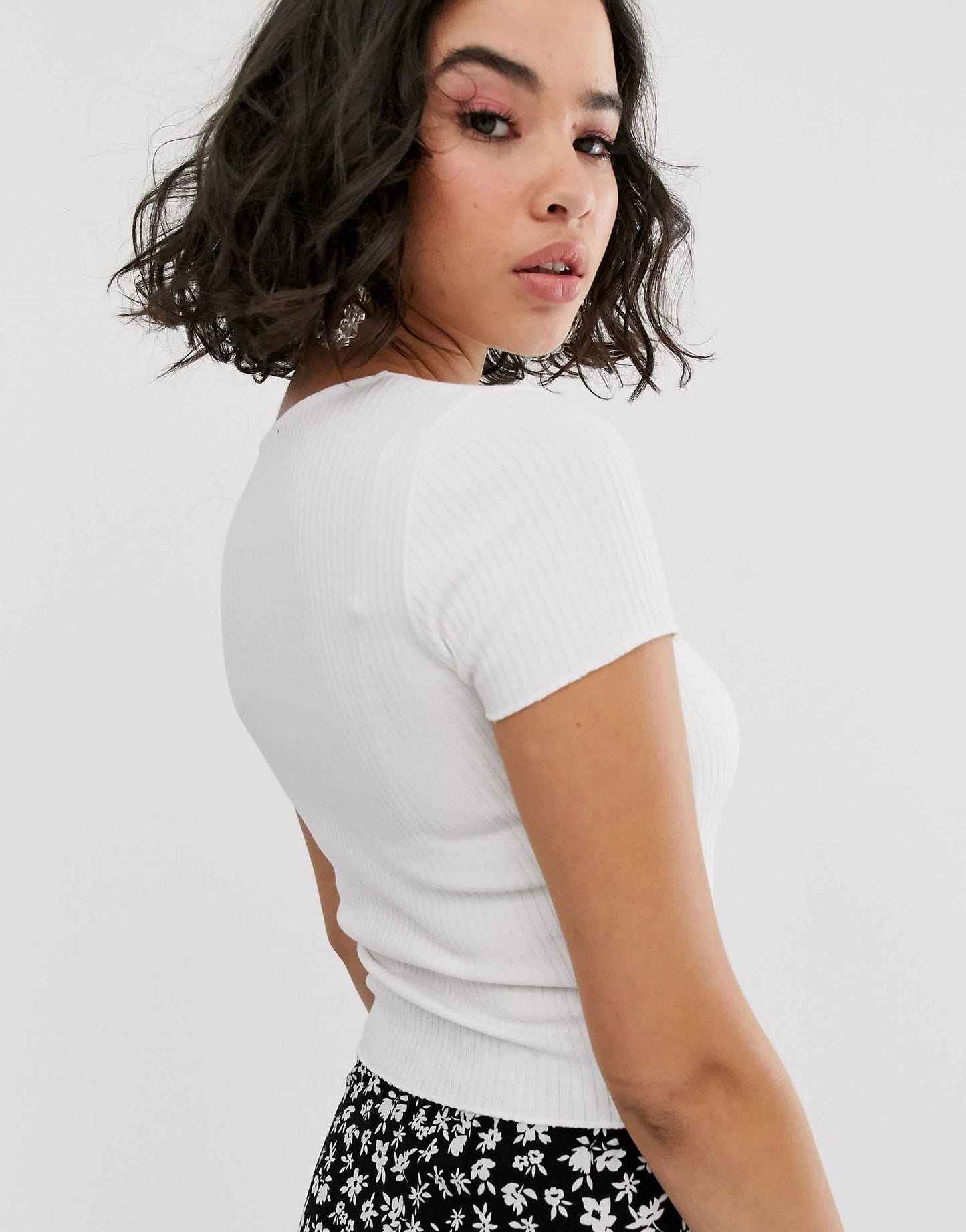 Bershka button front v neck t-shirt in white