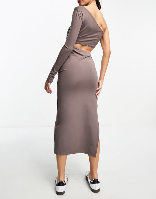 Bershka one shoulder cut out midi dress in taupe