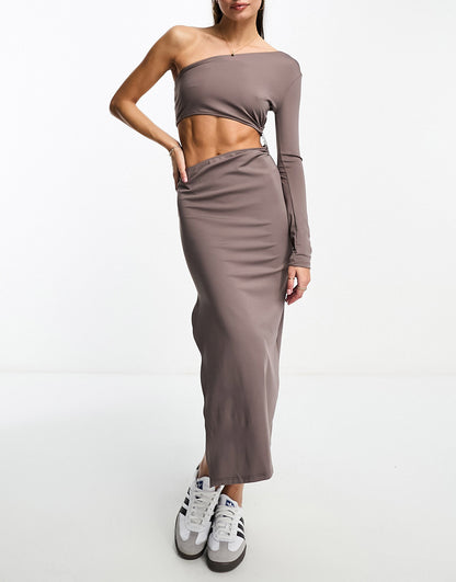 Bershka one shoulder cut out midi dress in taupe