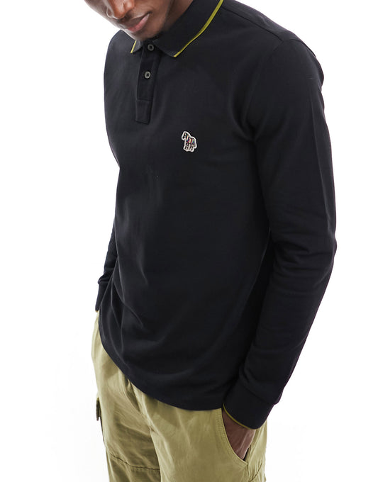 PS Paul Smith zebra icon badge logo tipped long sleeve pique polo in black