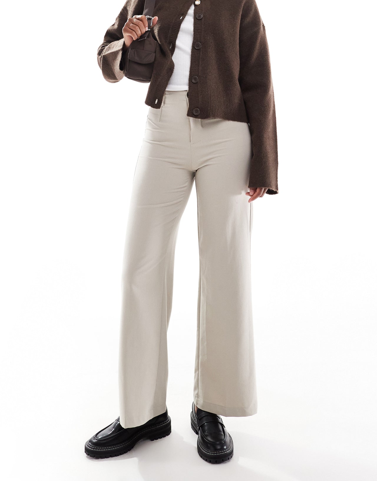 Bershka wide leg tailored trousers in Stone