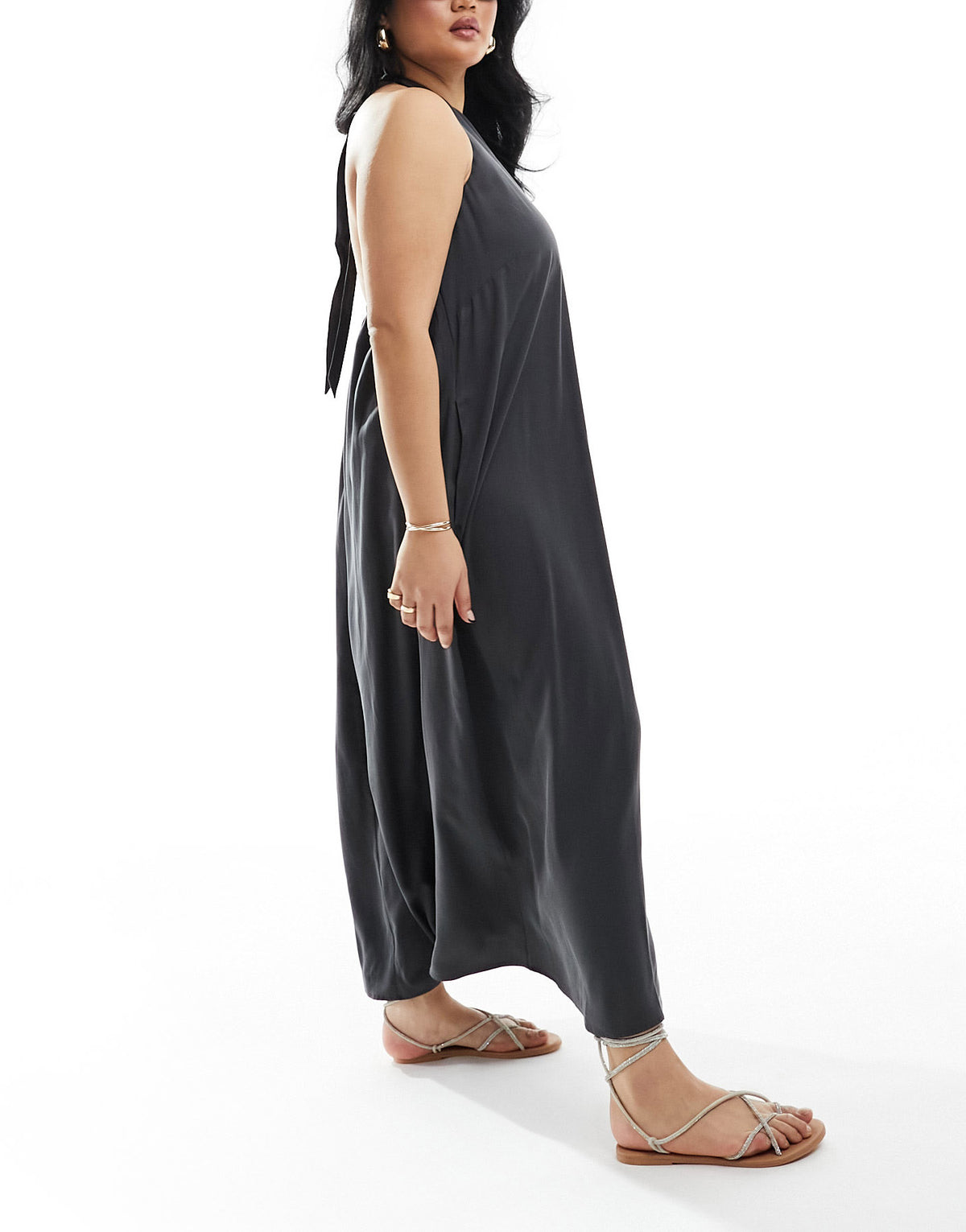 ASOS DESIGN Curve cupro clean halter maxi sundress in charcoal