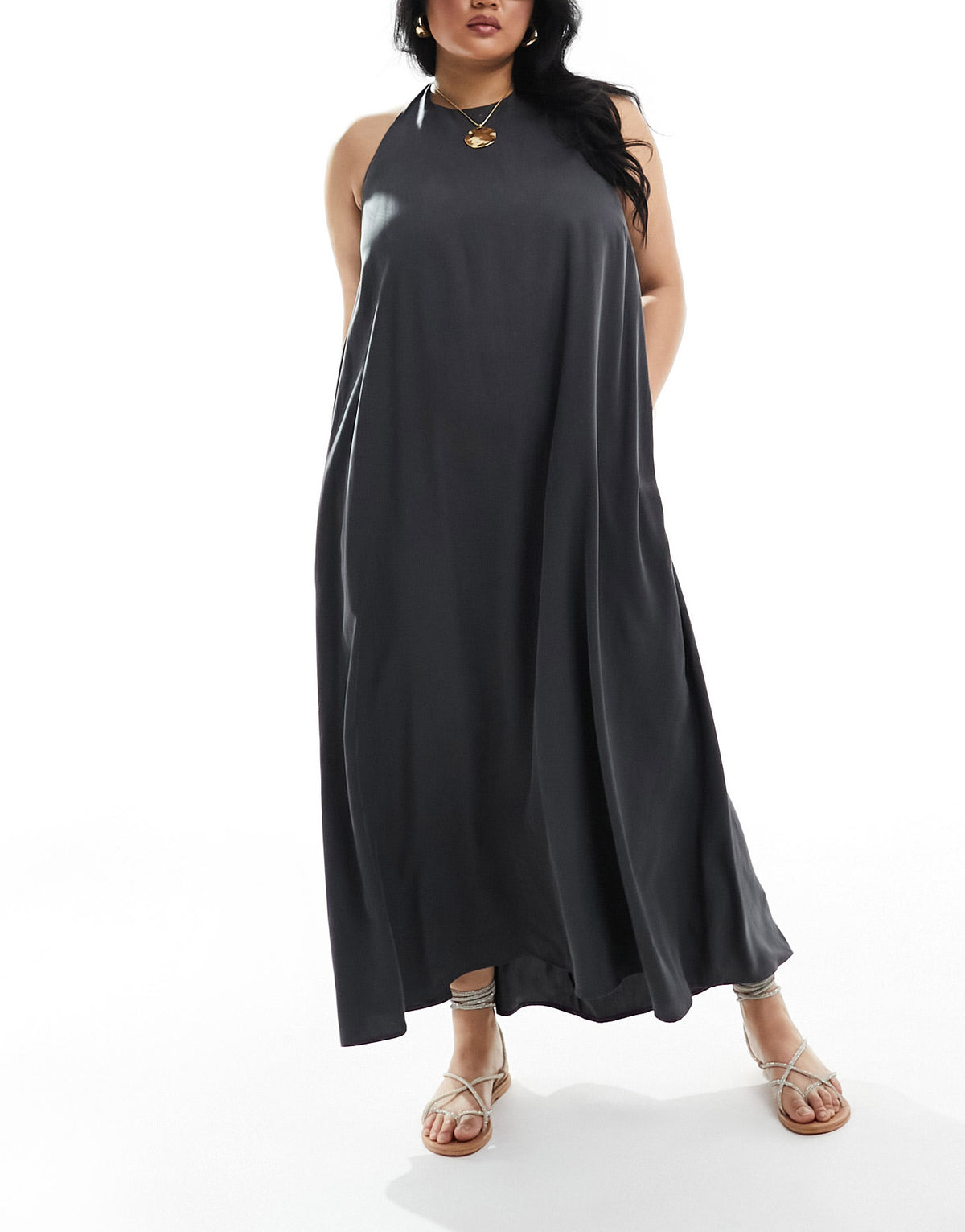 ASOS DESIGN Curve cupro clean halter maxi sundress in charcoal