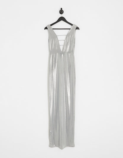 ASOS DESIGN binding detail front maxi dress in metallic silver