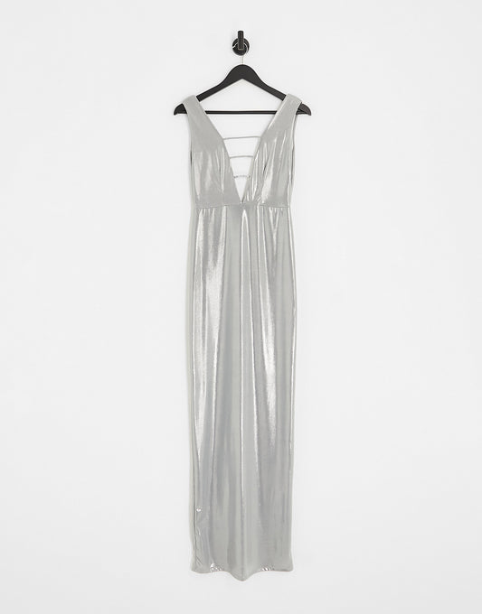 ASOS DESIGN binding detail front maxi dress in metallic silver