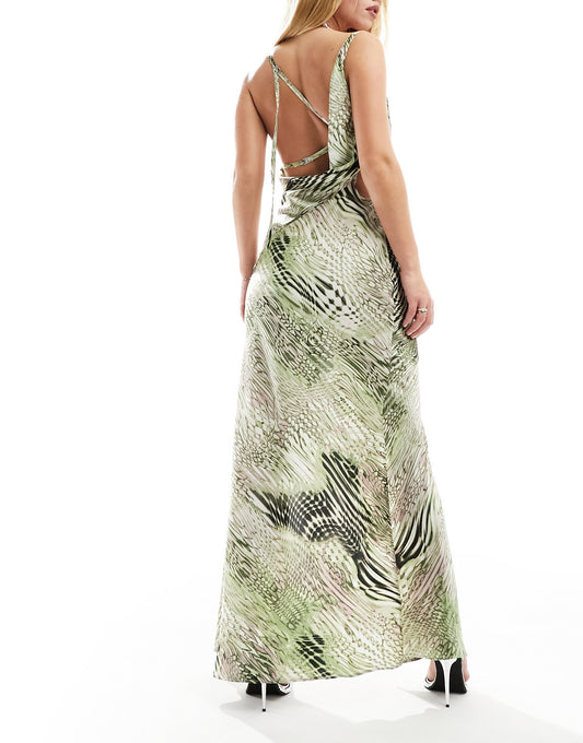 ASOS DESIGN satin cowl neck bias maxi dress with buckle detail and cut out in abstract leopard print