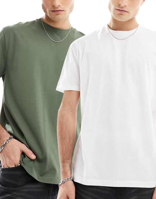 ASOS DESIGN 2 pack relaxed t-shirts in white and khaki