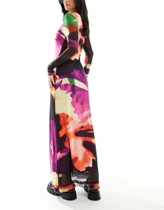 Vero Moda Petite long sleeved lettuce edge mesh dress in abstract print