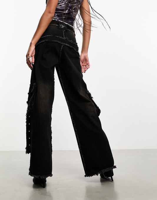 Heretic Nine oversized wide leg frayed denim jeans in washed black