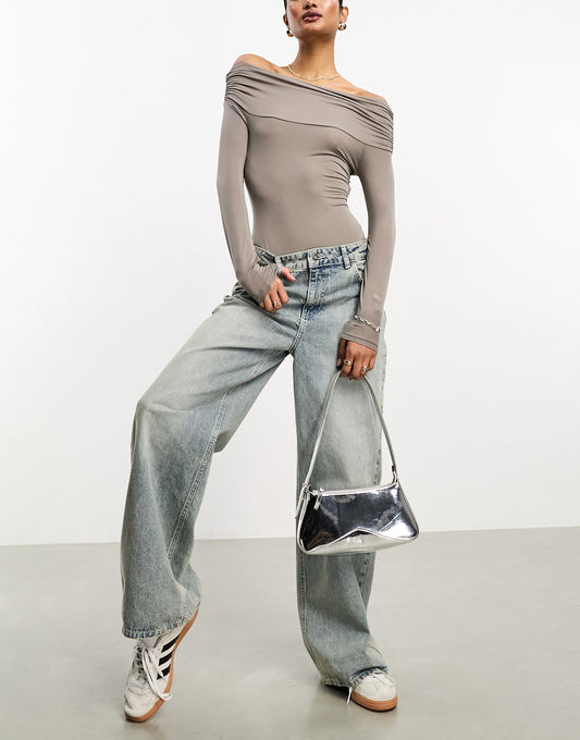 Bershka slinky fold over bodysuit in washed brown