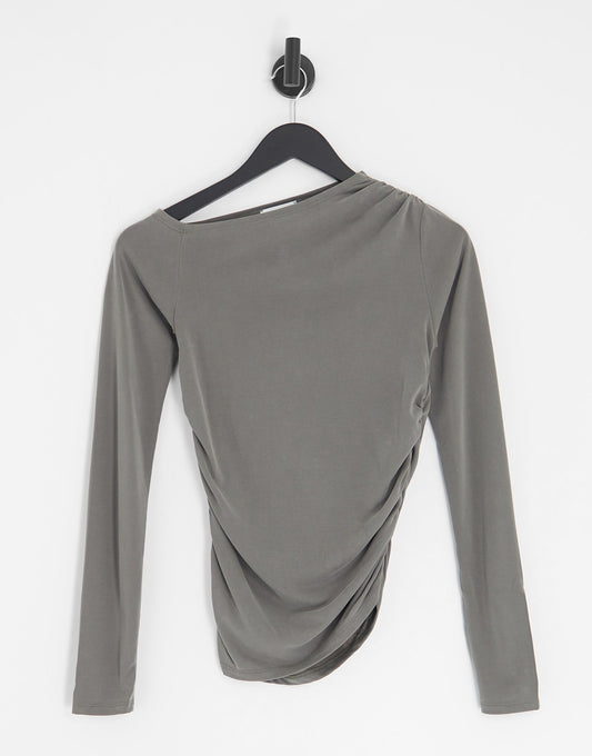 Weekday Main asymmetric long sleeve top in khaki grey