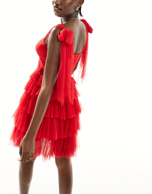 Lace & Beads bow shoulder tulle ruffle mini dress in red