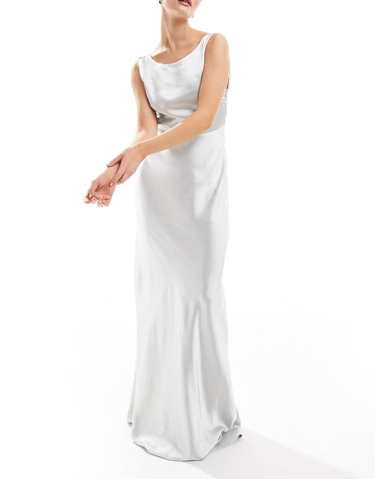 Six Stories Bridesmaids cowl back satin maxi dress in silver