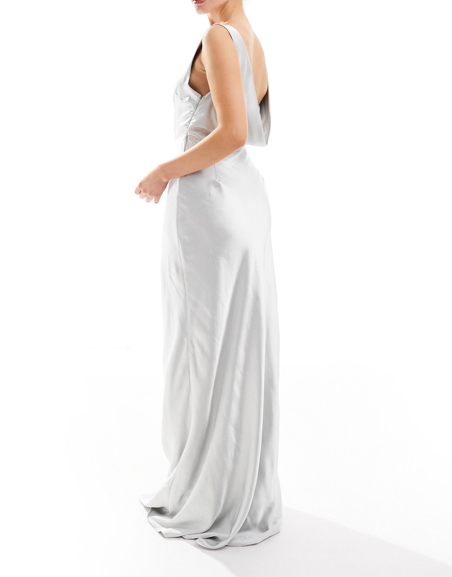Six Stories Bridesmaids cowl back satin maxi dress in silver