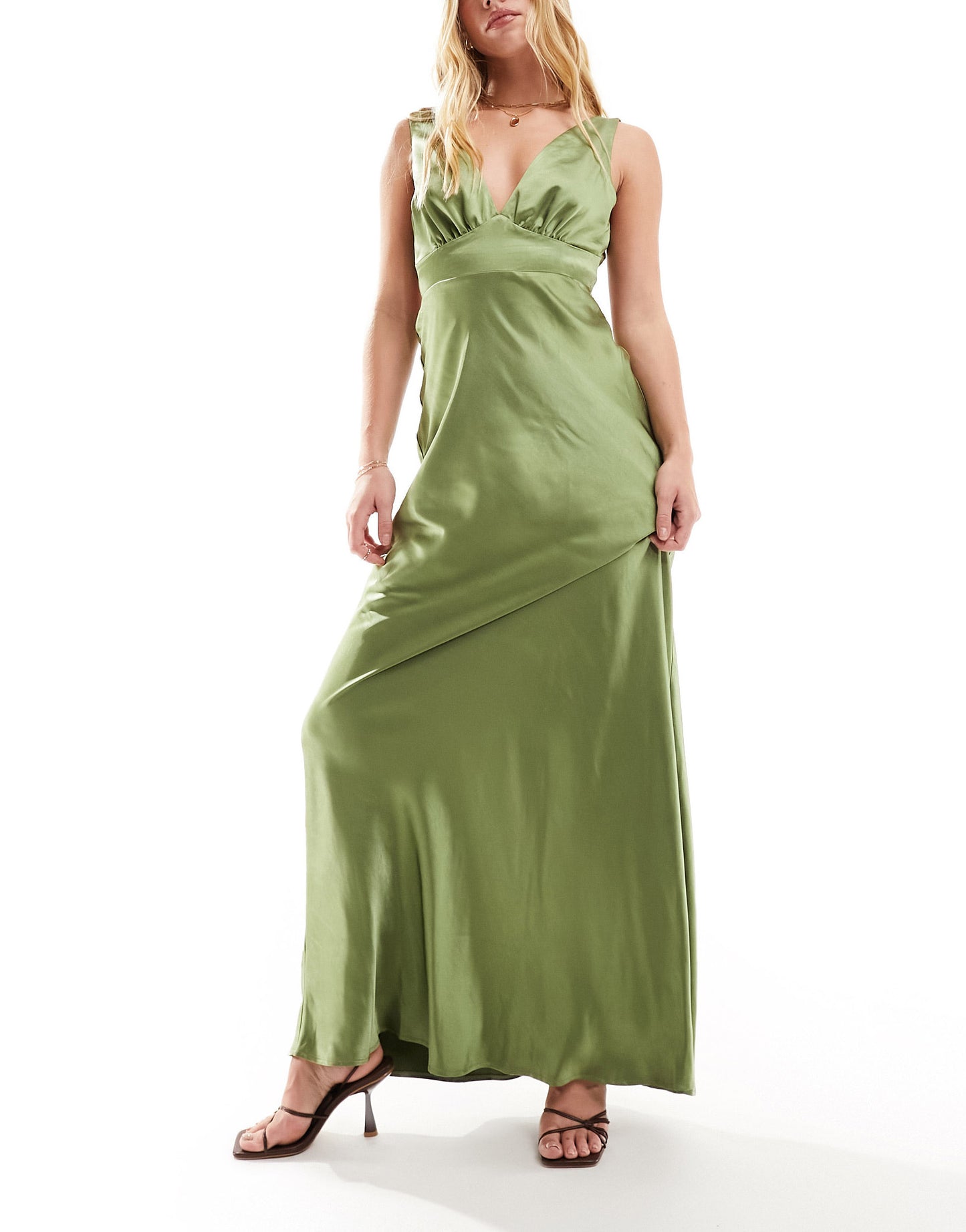 Six Stories Bridesmaid bow back satin maxi dress in moss green