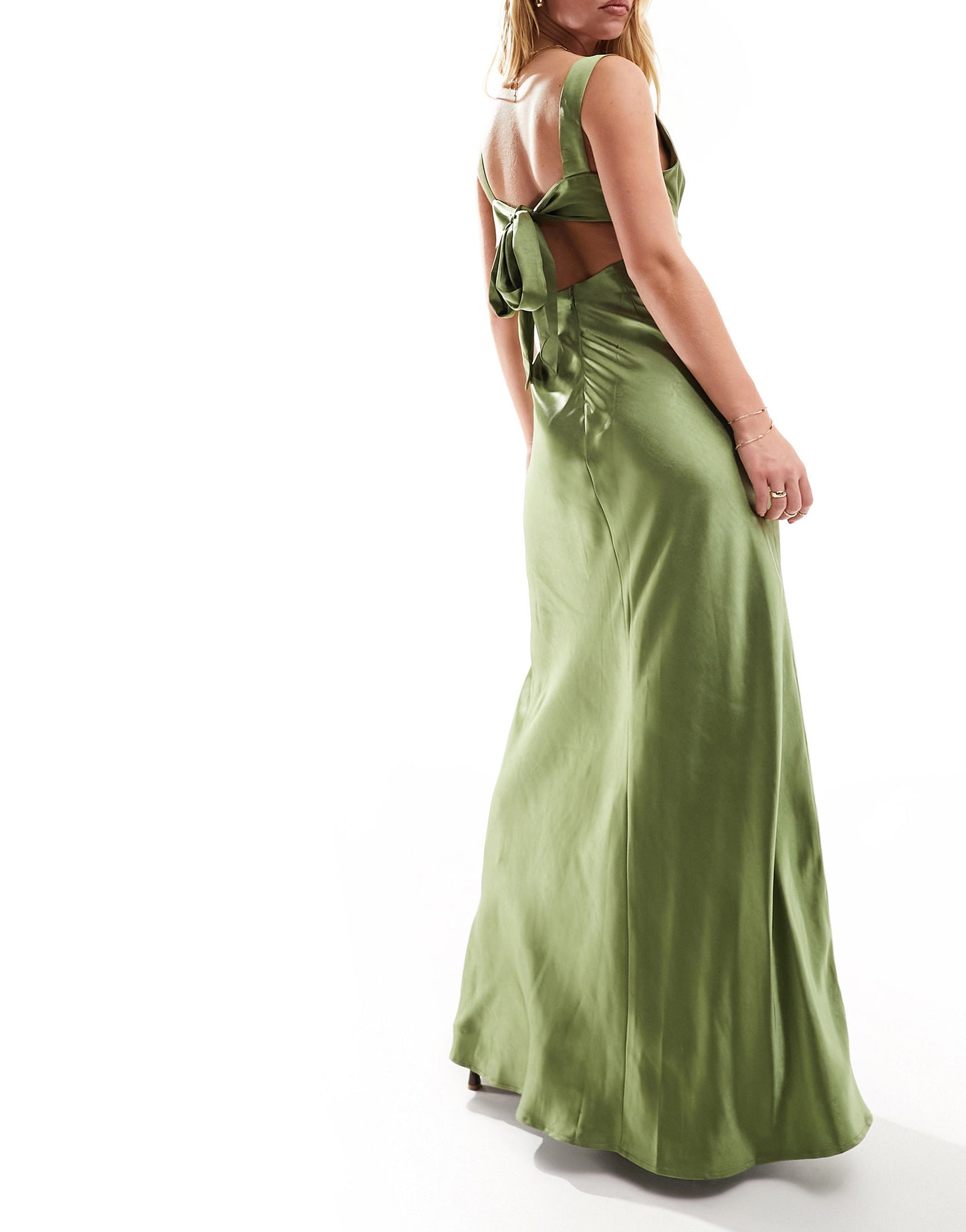 Six Stories Bridesmaid bow back satin maxi dress in moss green