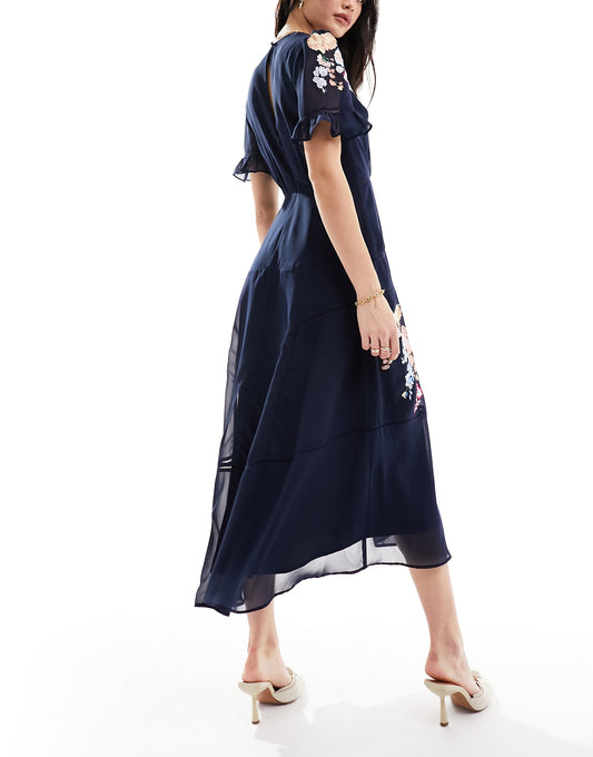 Hope & Ivy embroidered plunge front midi dress in navy