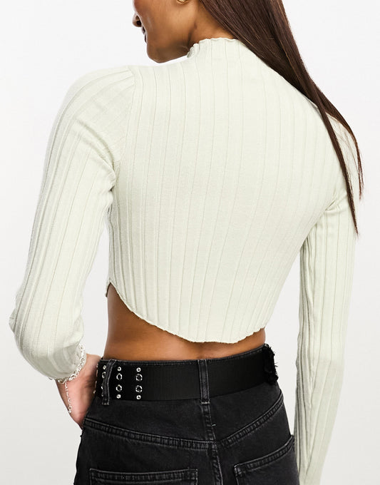 Bershka roll neck curved hem jumper in pale khaki