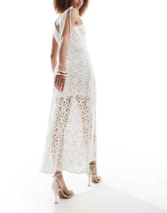 Amy Lynn linen maxi dress with crochet skirt in cream