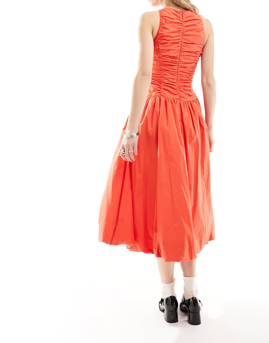 Amy Lynn Elodie utility ruffle midi dress with puffball skirt in blood orange
