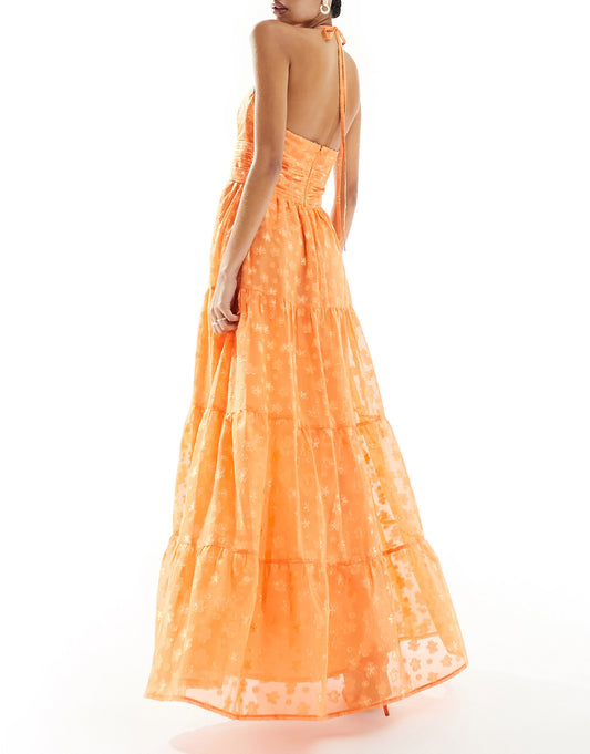 Maya halterneck maxi dress with corsage detail in orange