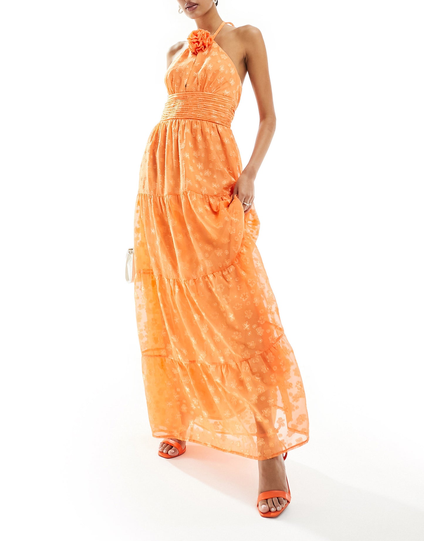 Maya halterneck maxi dress with corsage detail in orange