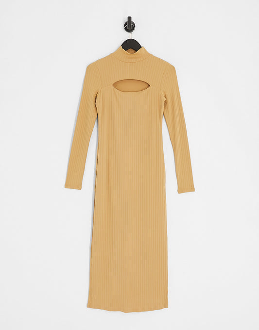 Hollister long sleeve midi knit dress with mock neck cut out in tan