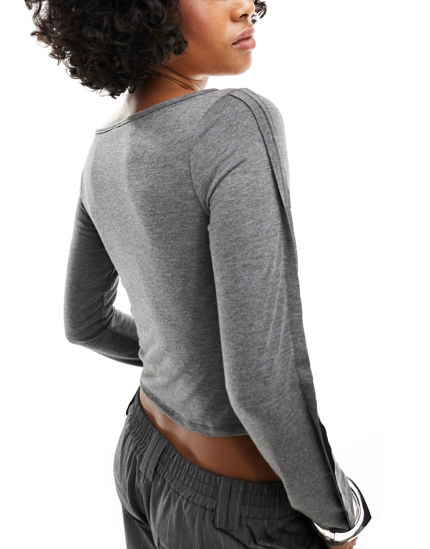 COLLUSION high scoop neck long sleeve exposed seam top in grey