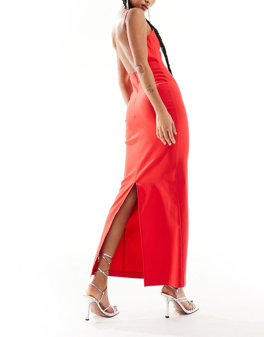 Vesper bengaline low back strappy maxi dress in red