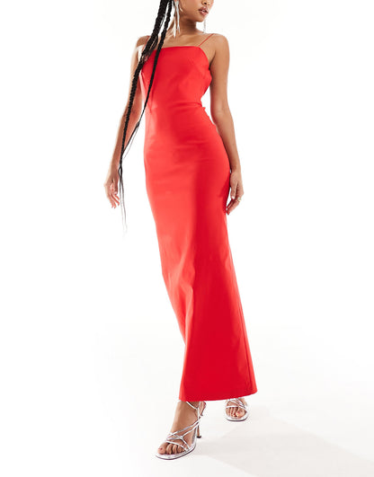 Vesper bengaline low back strappy maxi dress in red