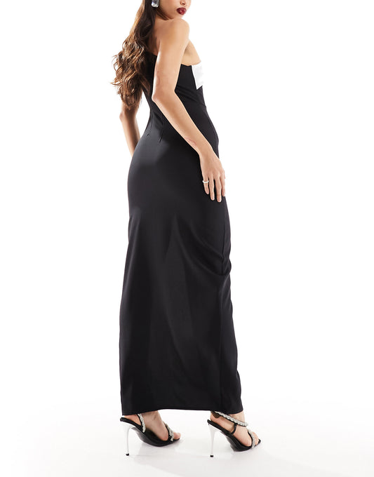 Vesper monochrome contrast satin thigh spilt maxi dress in black